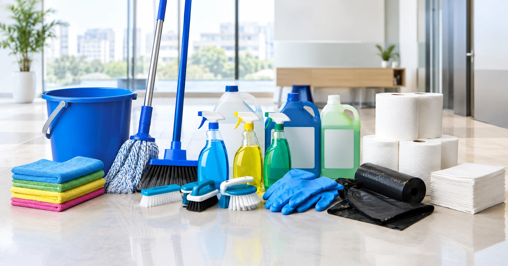 Housekeeping tools, chemicals and consumables laid out for an office