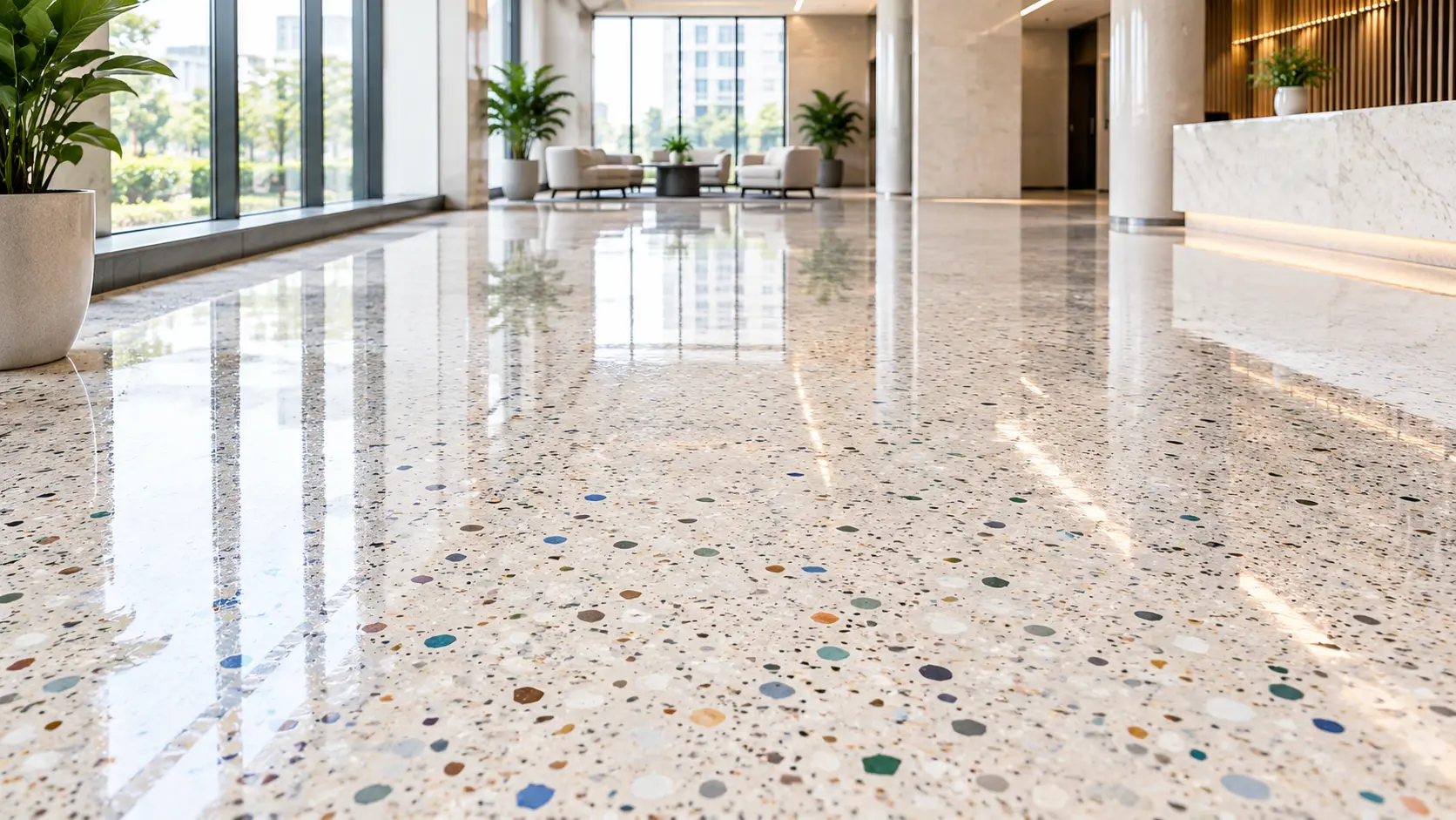 Liquid terrazzo flooring with colourful stone chips and a smooth polished finish