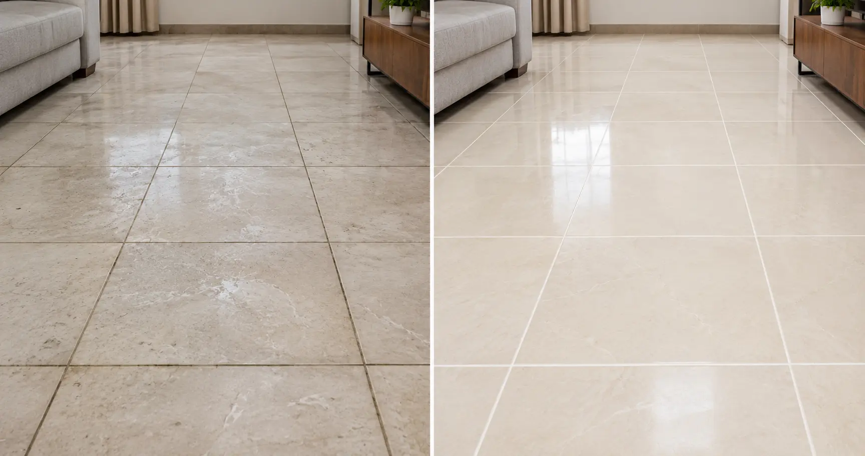 Dirty vitrified tile next to a professionally cleaned tile